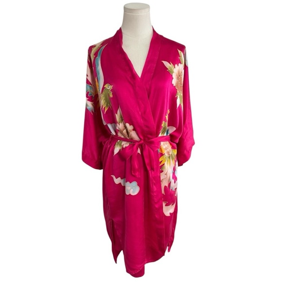 100% Silk Robe & Slip Dress Pink Bird Floral Luxury Shusimai Japan Silky S M Set - Picture 1 of 10